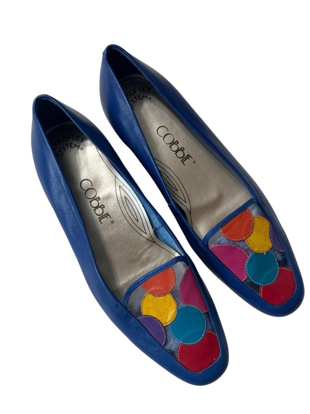 Vintage Cobbie Blue Leather Loafers With Colorful Circle Design